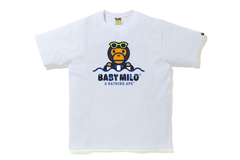 Pre-owned Bape Men's Camo Milo Float Summer T-shirt In White/blue In Multi