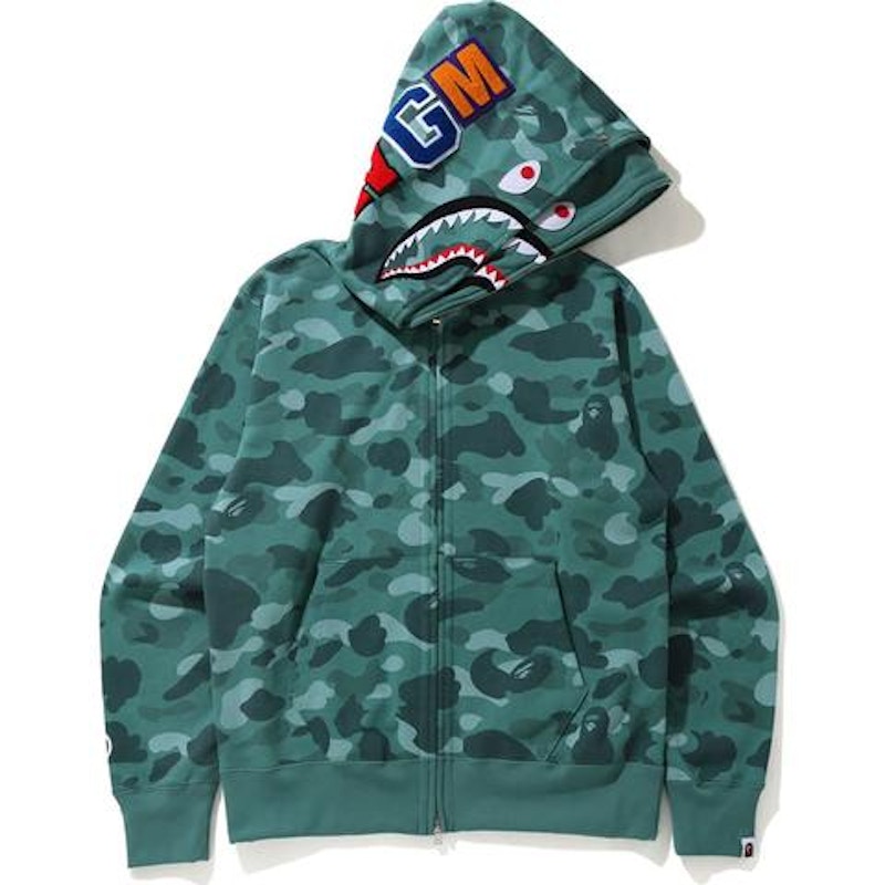 BAPE Color Camo Shark Wide Full Zip Double Hoodie Green Men's