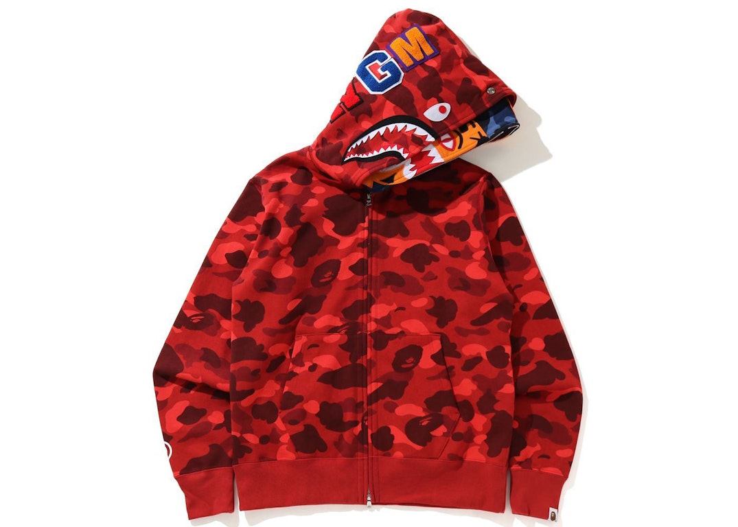 Pre-owned Bape Color Camo Tiger Shark Wide Full Zip Double Hoodie Red