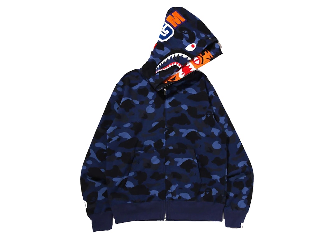 Pre-owned Bape Color Camo Tiger Shark Wide Full Zip Double Hoodie (ss22) Navy