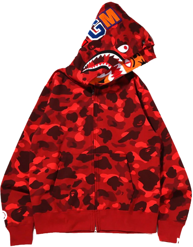 Bape Color Camo Tiger Shark Wide Full Zip Double Hoodie Red