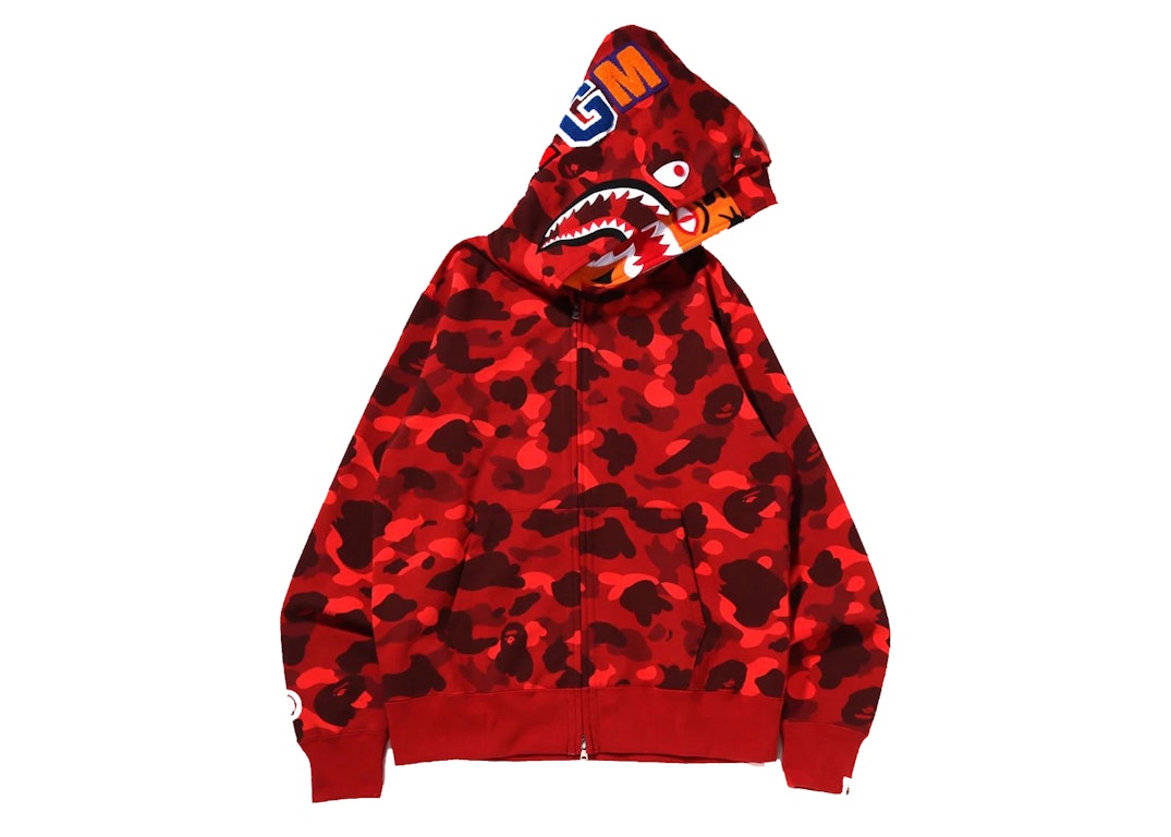 Pre-owned Bape Color Camo Tiger Shark Wide Full Zip Double Hoodie (ss22) Red