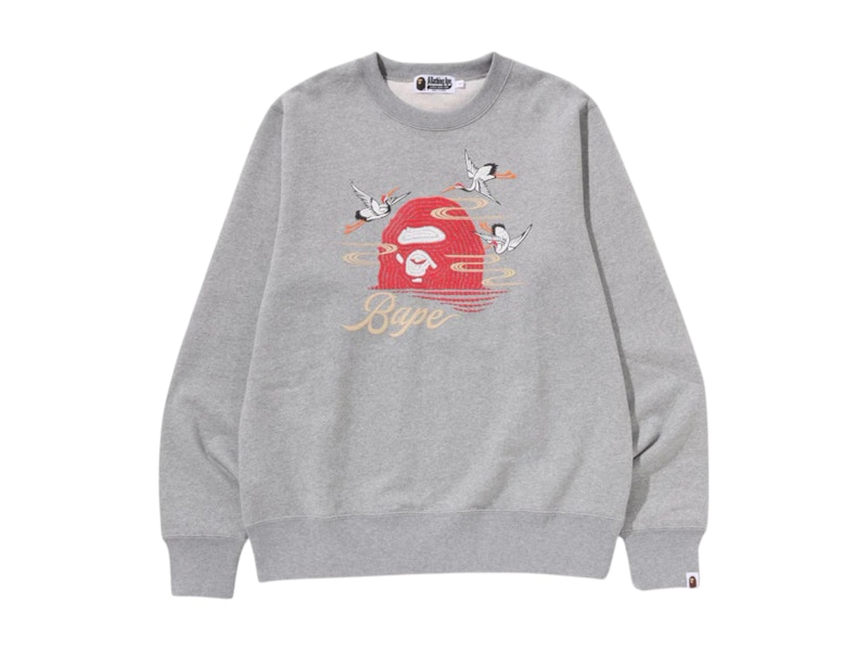 BAPE Embroidery Style Japanese Crane Crewneck Grey Men's BAPE Embroidery Style Japanese Crane Crewneck Grey Men's