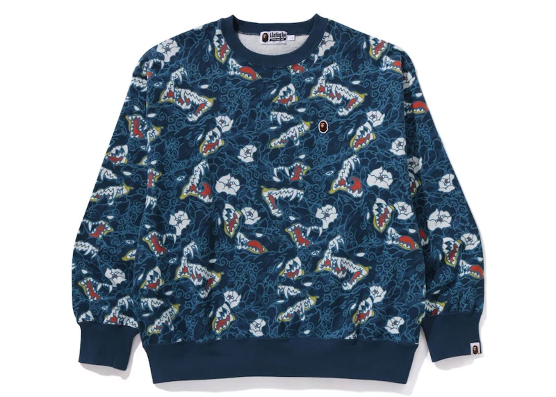 Pre-owned Bape Men's Japanese Tattoo Camo Relaxed Fit Crewneck Sweatshirt In Blue
