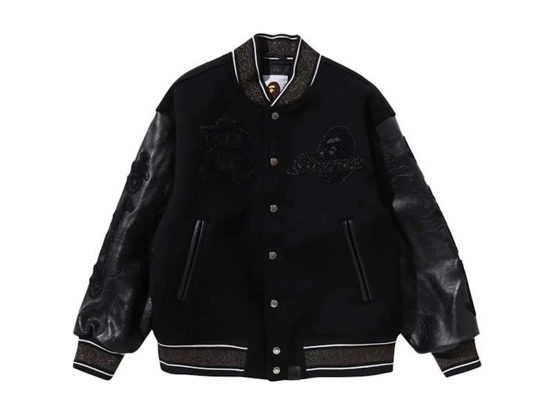 Pre-owned Bape Men's  Line Camo Logo Wool Varsity Jacket In Black