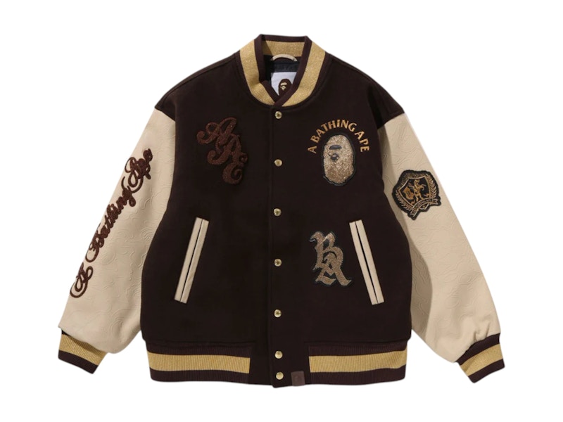 Pre-owned Bape Men's  Line Camo Logo Wool Varsity Jacket In Brown