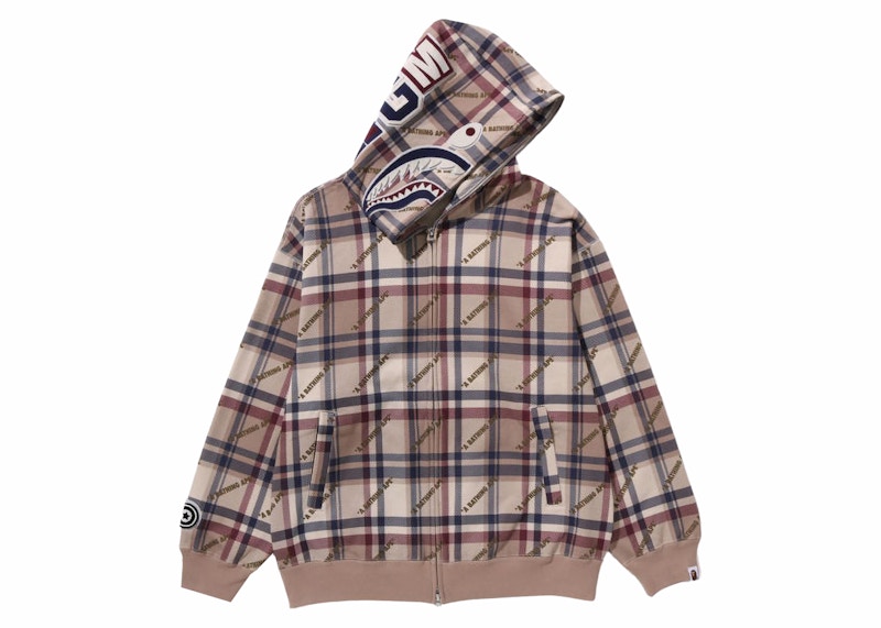 BAPE Logo Check Pattern Shark Full Zip Hoodie Beige Men's - SS24 - US