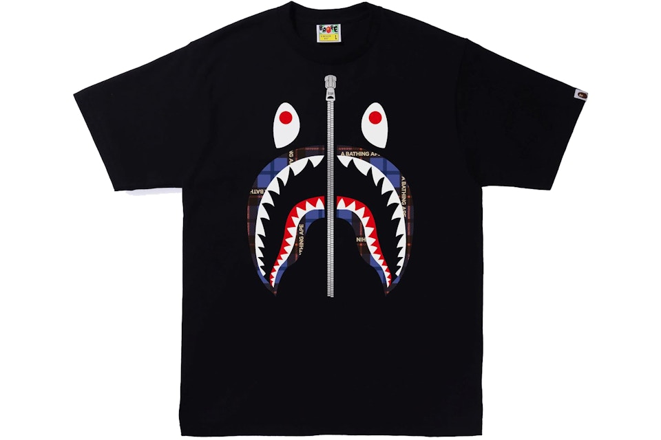 Bape Logo Check Shark Tee Black Blue Ss22 Bape Logo Check Shark Tee Black Blue Ss22