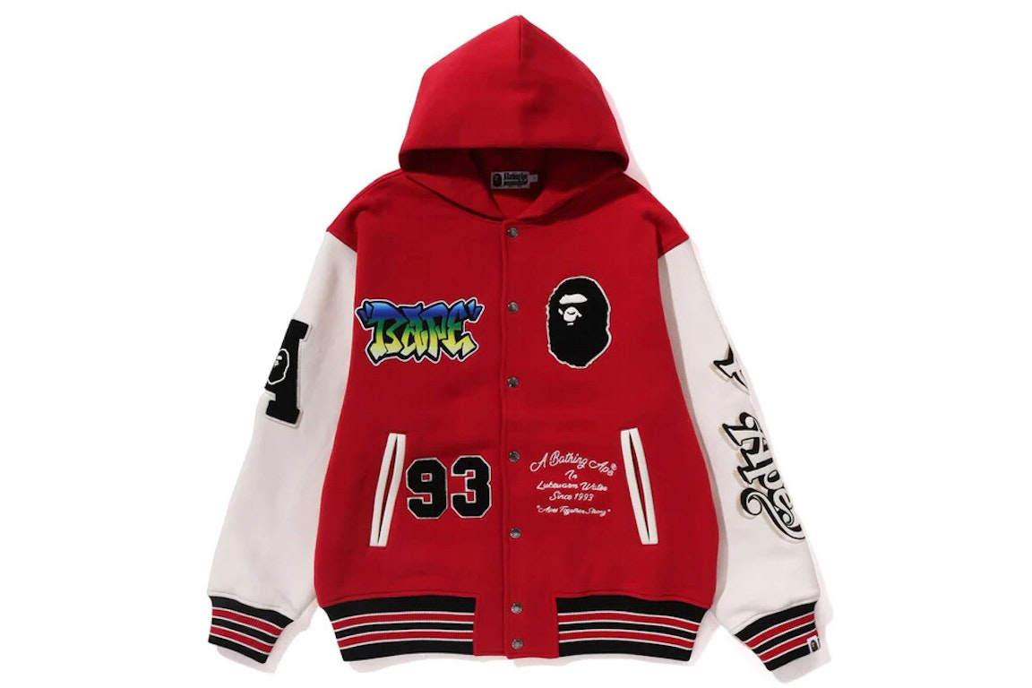 Pre-owned Bape Lux Sport Badges Oversized Hooded Sweat Varsity Jacket Red