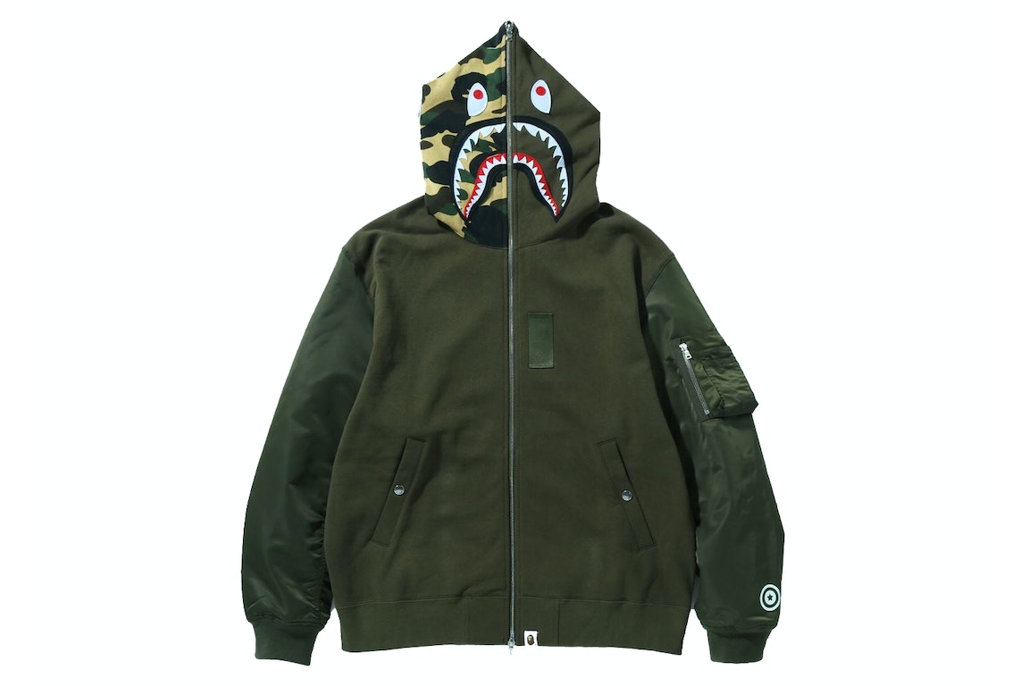 Pre-owned Bape Military Shark Relaxed Fit Full Zip Hoodie Olivedrab