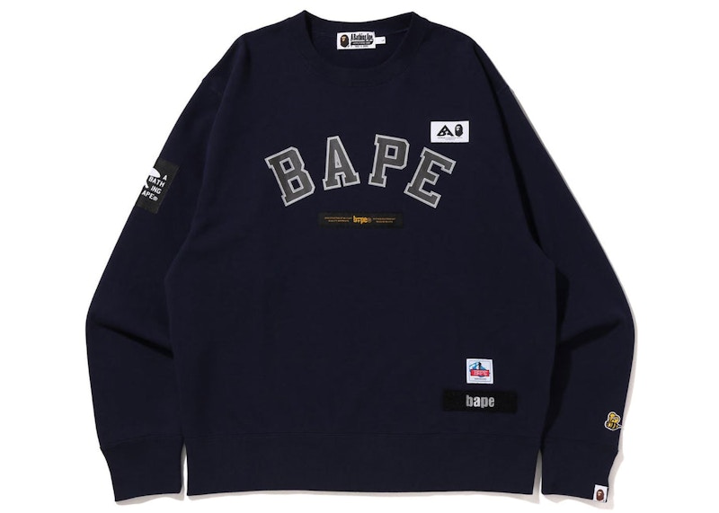 Pre-owned Bape Men's Label Relaxed Fit Crewneck Sweatshirt In Navy Blue
