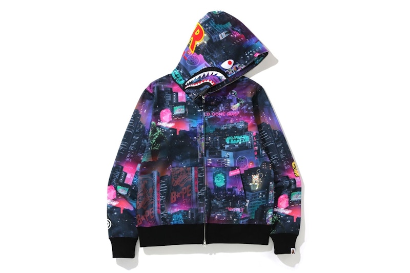 L状態BAPE Neon Tokyo Shark Wide Full Zip Hoodie Black