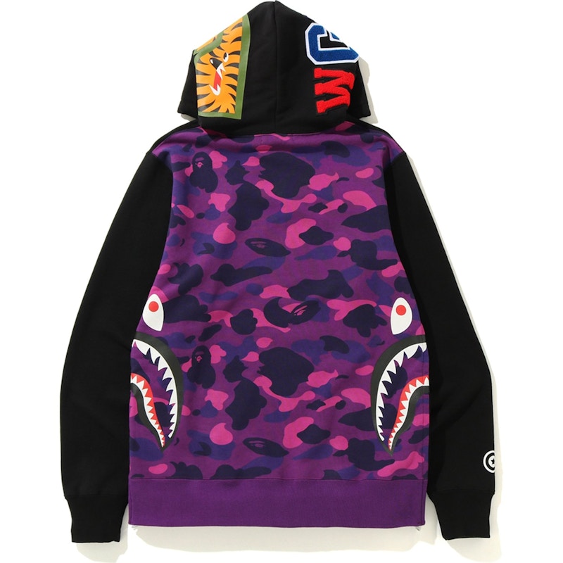 BAPE Side Zip Shark Wide Pullover Hoodie Black/Purple Men's - FW19