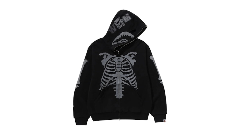 BAPE Skeleton Shark Heavy Washed Cropped Fit Full Zip Hoodie Black
