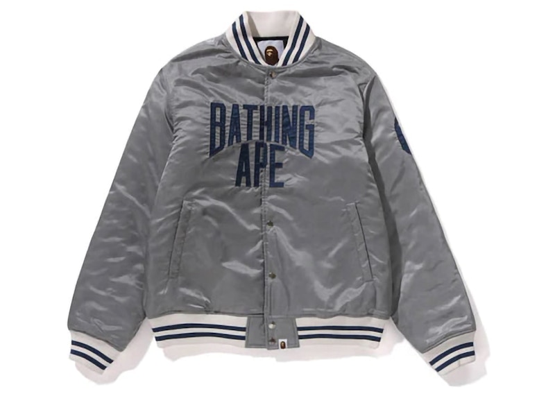 BAPE Solid Camo NYC Logo Nylon Varsity Jacket Gray Men's BAPE Solid Camo NYC Logo Nylon Varsity Jacket Gray Men's