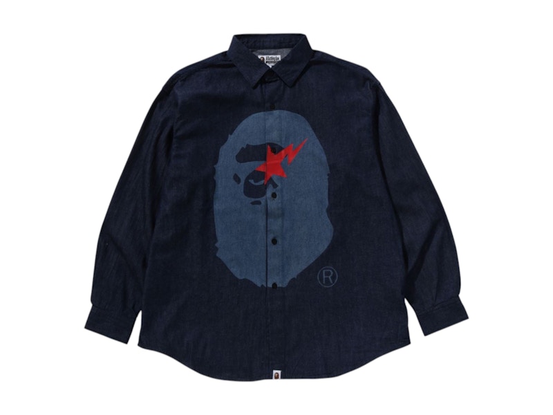 格安 Long Denim Fit Relaxed Head Ape Sta BAPE Sleeve Blue Shirt トップス