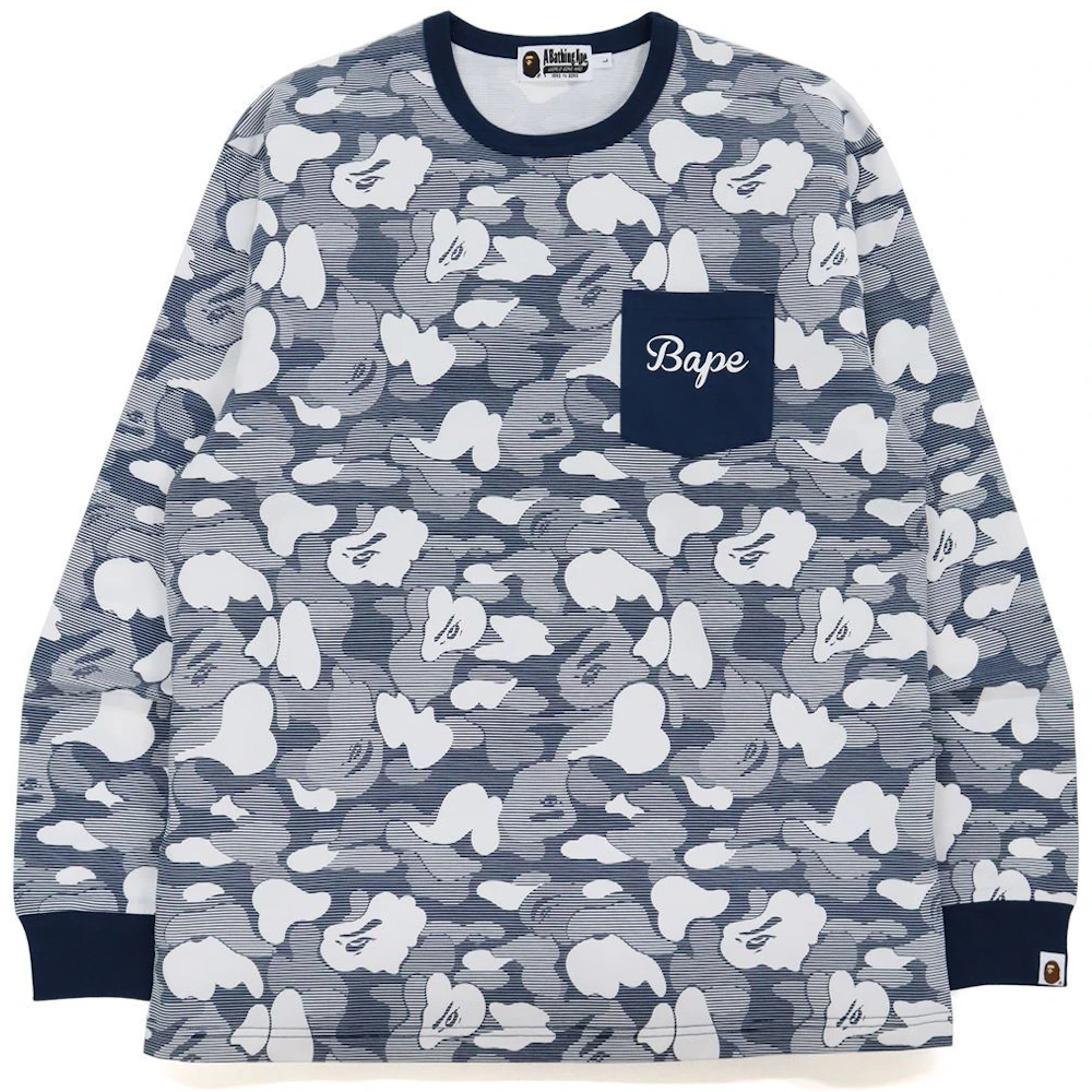 BAPE Stripe ABC Camo Relaxed Fit Pocket L/S Tee Navy Men's - SS21 - US