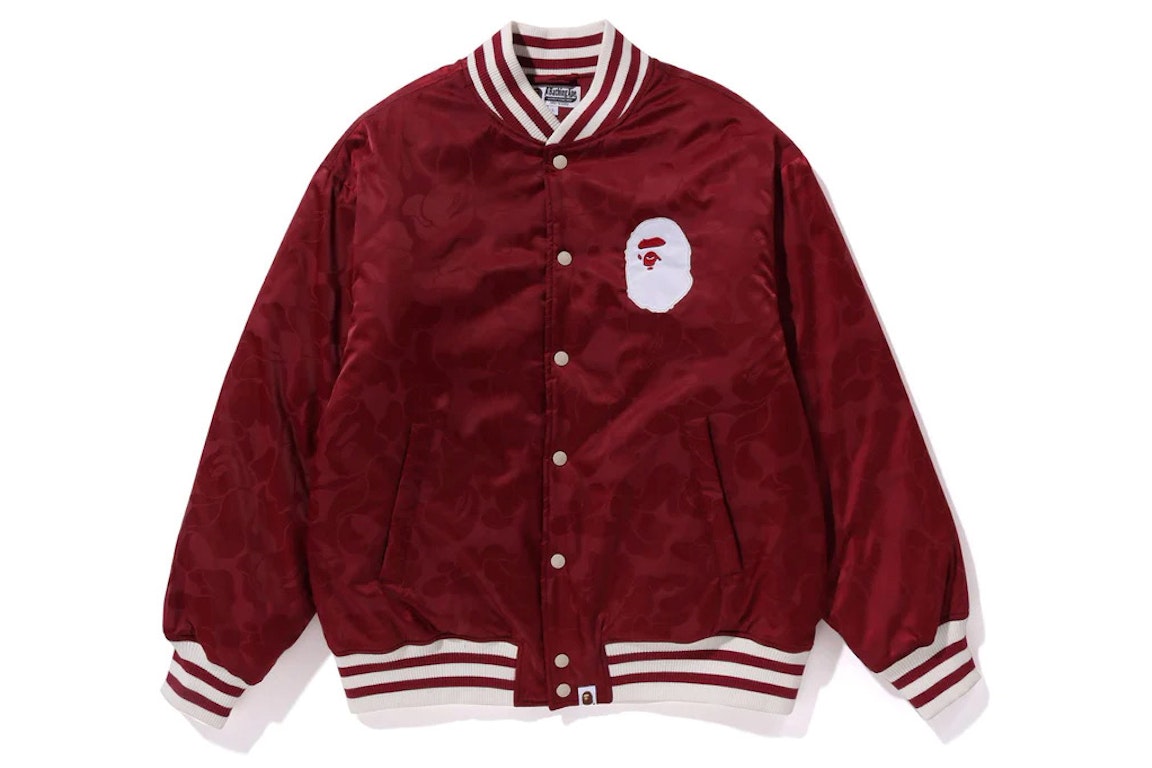 Pre-owned Bape Tonal Solid Camo Padded Varsity Jacket Red