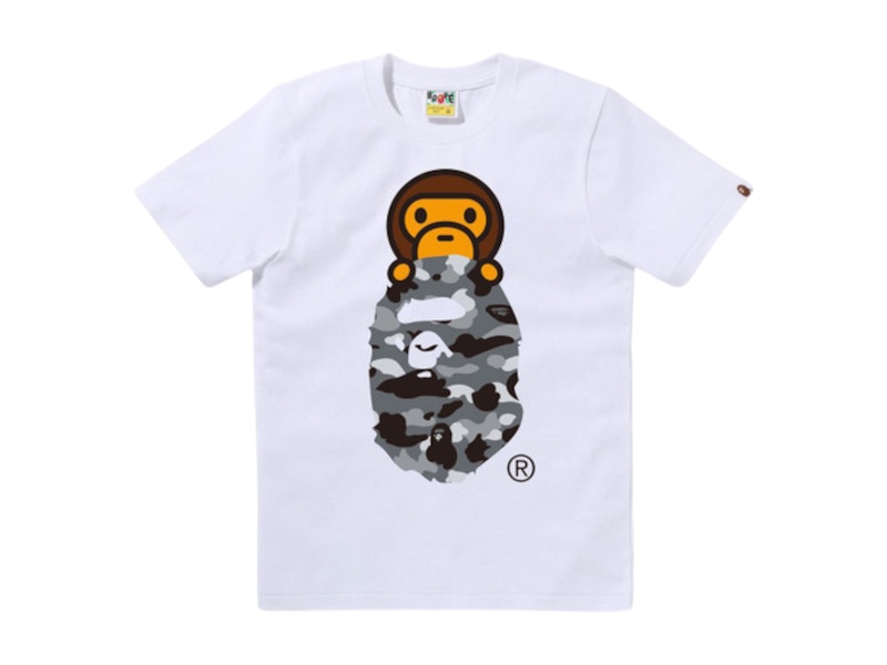 Pre-owned Bape Women's 1st Camo Milo On Ape Head Tee Shirt In White/grey In Gray