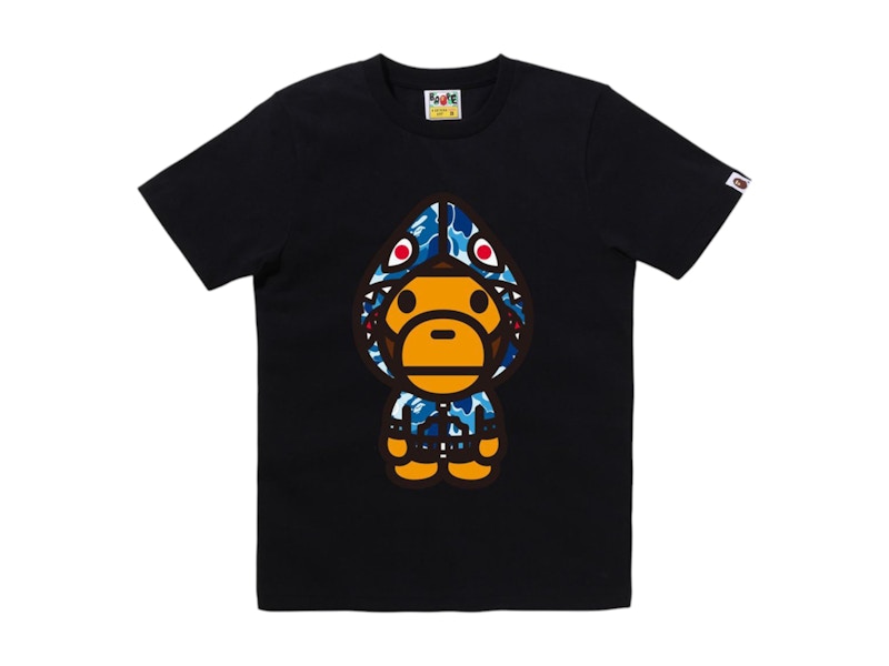 Pre-owned Bape Women's Abc Camo Shark Hoodie Milo Tee Shirt In Black/blue