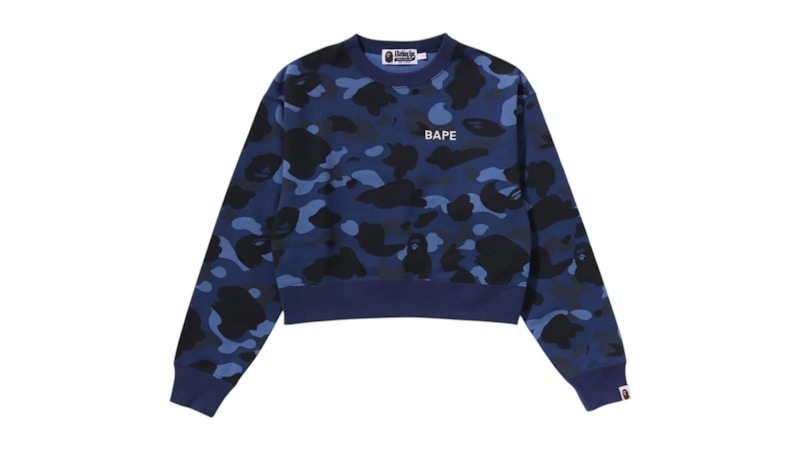 Pre-owned Bape Women's Camo Cropped Crewneck Sweatshirt In Blue
