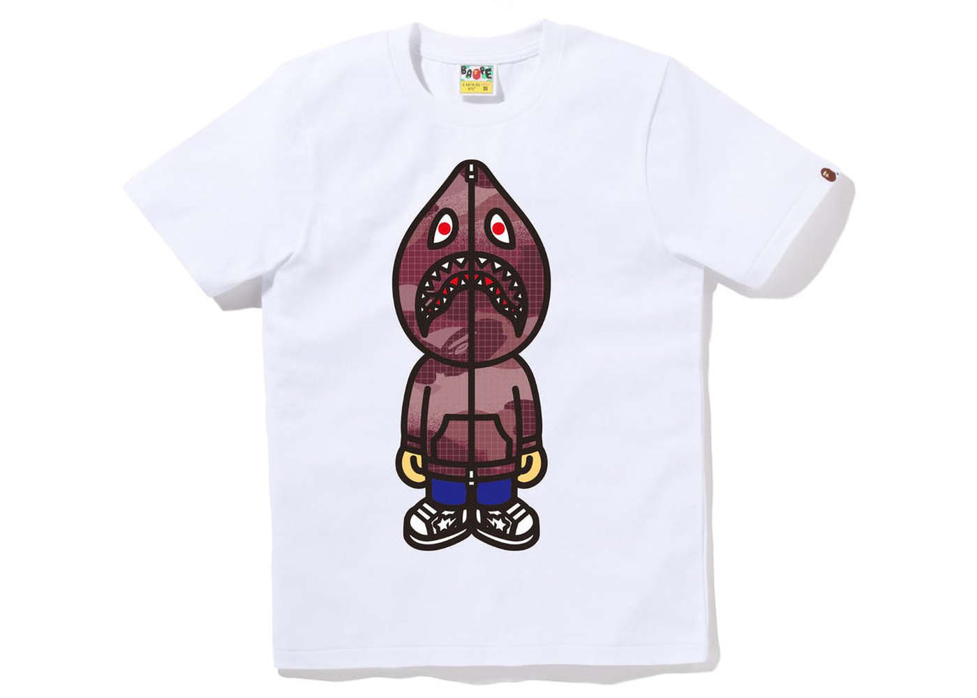 BAPE Women's Grid Camo Classic Milo Shark Tee White Burgundy