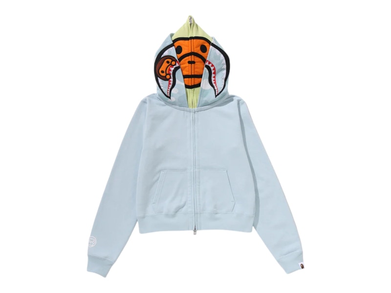トップス BAPE MILO SHARK FULL ZIP DOUBLE HOODIE BAPE Women's Milo Shark Cropped Full Zip Double Hoodie Blue - SS26
