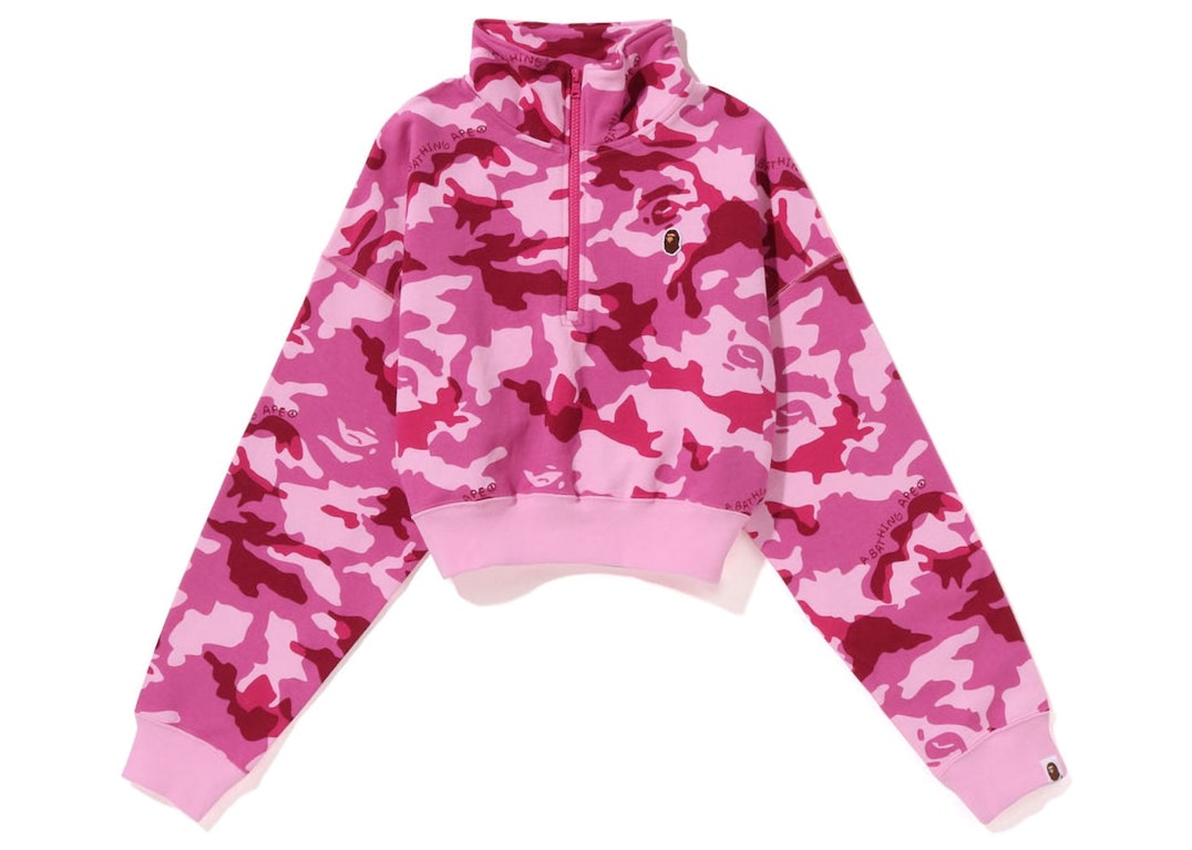 Pre-owned Bape Women's Woodland Camo Cropped Half Zip Sweater Pink