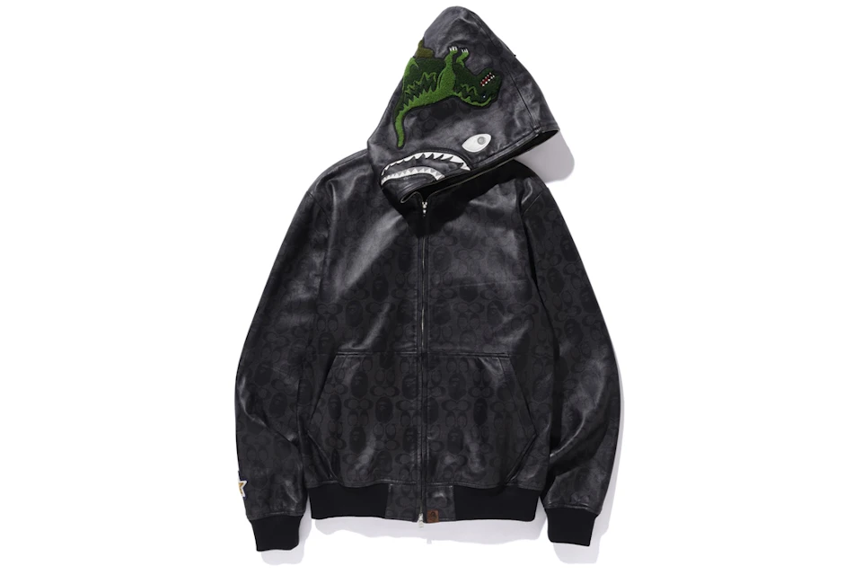 BAPE x Coach Leather Shark Hoodie Jacket Black
