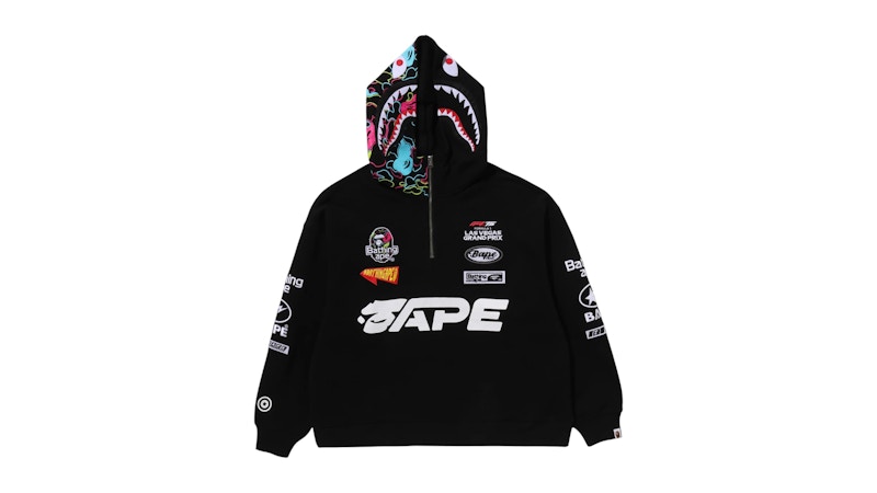 BAPE x F1LVMulti Logo Shark Relaxed Fit Half Zip Hoodie Black