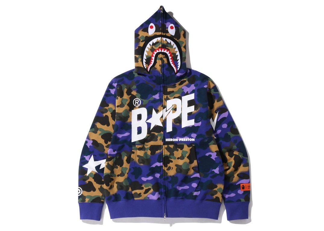 Pre-owned Bape X Heron Preston Mix 1st Camo Shark Relaxed Fit Full Zip Hoodie Purple