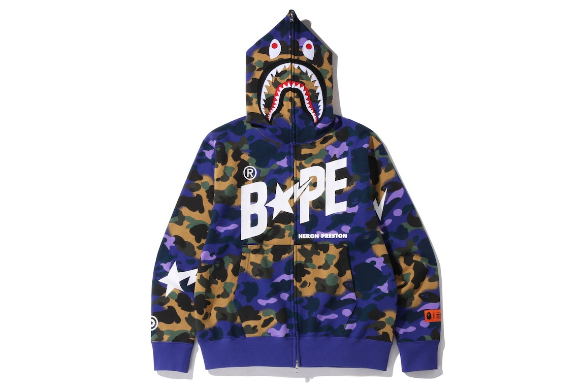 Pre-owned Bape X Heron Preston Mix 1st Camo Shark Relaxed Fit Full Zip Hoodie Purple