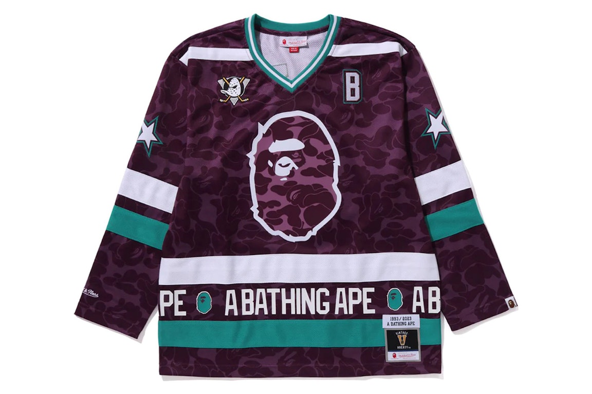 Pre-owned Bape X Mitchell & Ness Nhl Anaheim Ducks Mesh Hockey Jersey L/s Tee Purple
