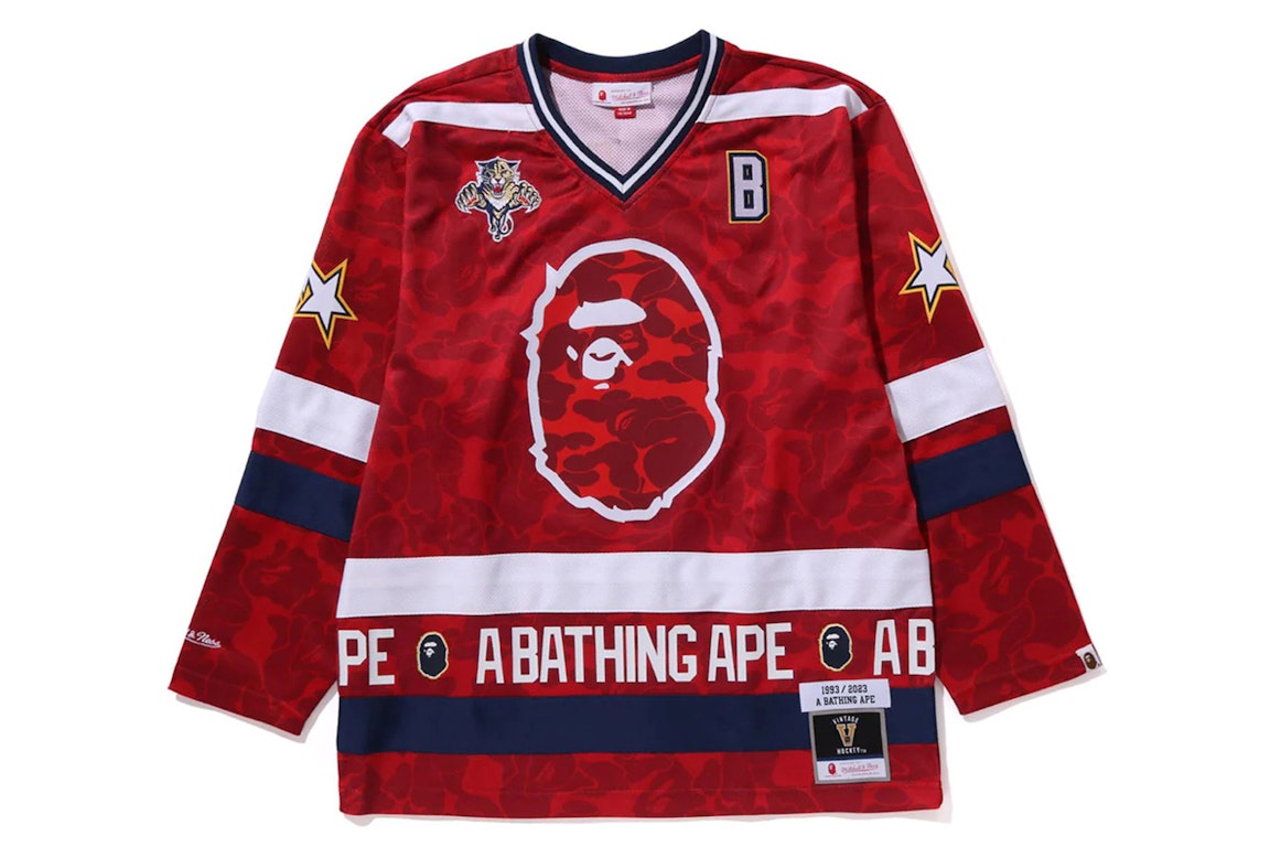 Pre-owned Bape X Mitchell & Ness Nhl Florida Panthers Mesh Hockey Jersey L/s Tee Red