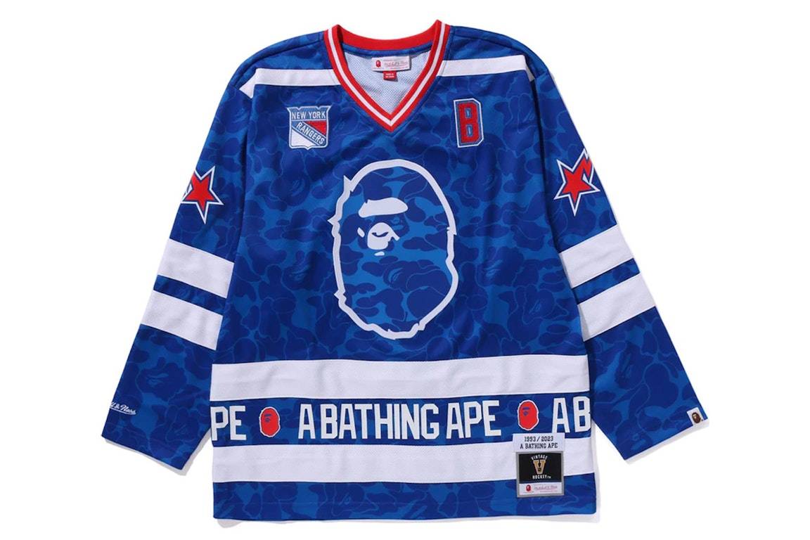 Pre-owned Bape X Mitchell & Ness Nhl New York Rangers Mesh Hockey Jersey L/s Tee Blue