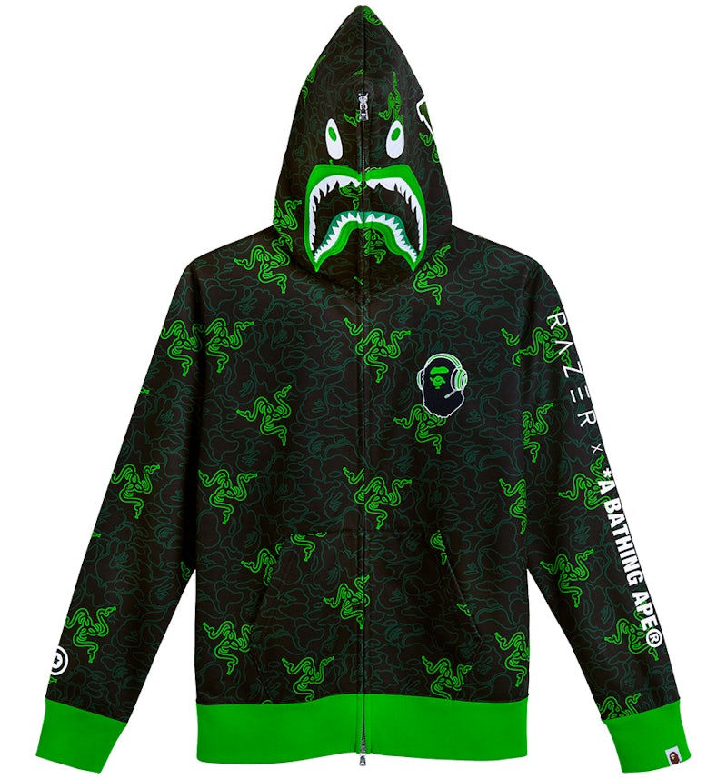 BAPE x Razer Neon Camo Shark Full Zip Hoodie Black Green SS22 US