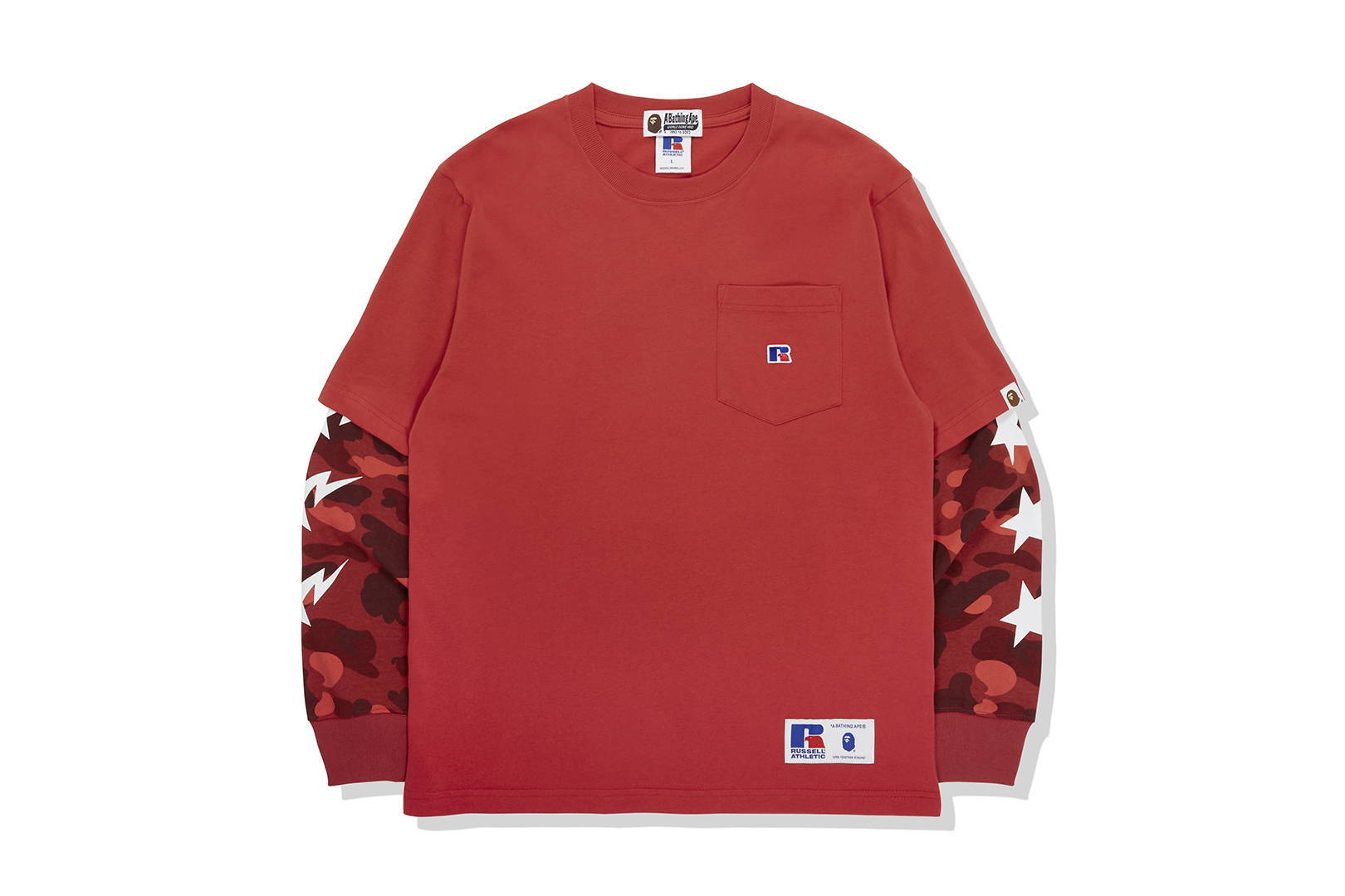 BAPE x Russell Color Camo College Layered L/S Tee Red Men's - FW20