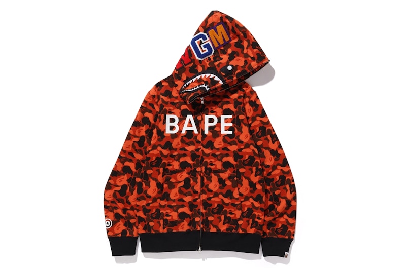 Bape orange hot sale camo shark hoodie