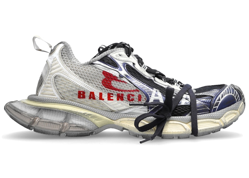 Men's Balenciaga 3XL Split Logo Sneakers in Eggshell/Red/Navy Blue