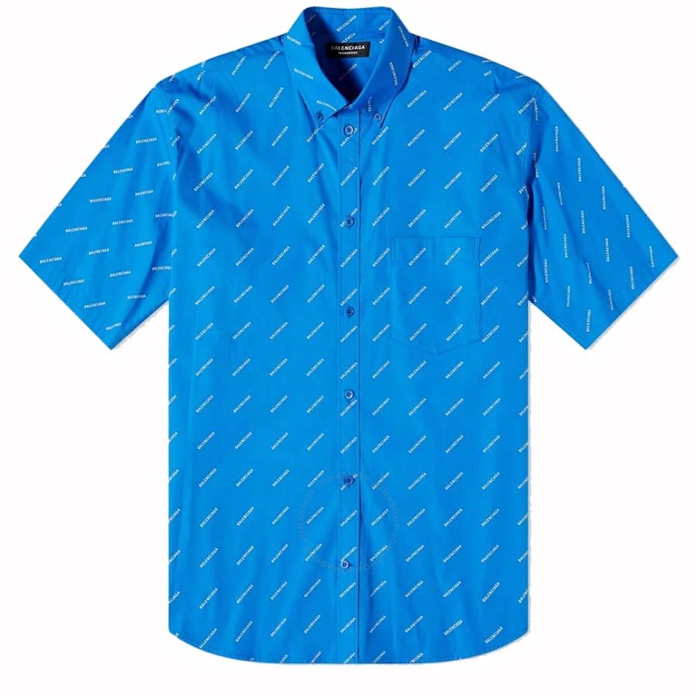 Pre-owned Balenciaga All-over Logo S/s Shirt Blue