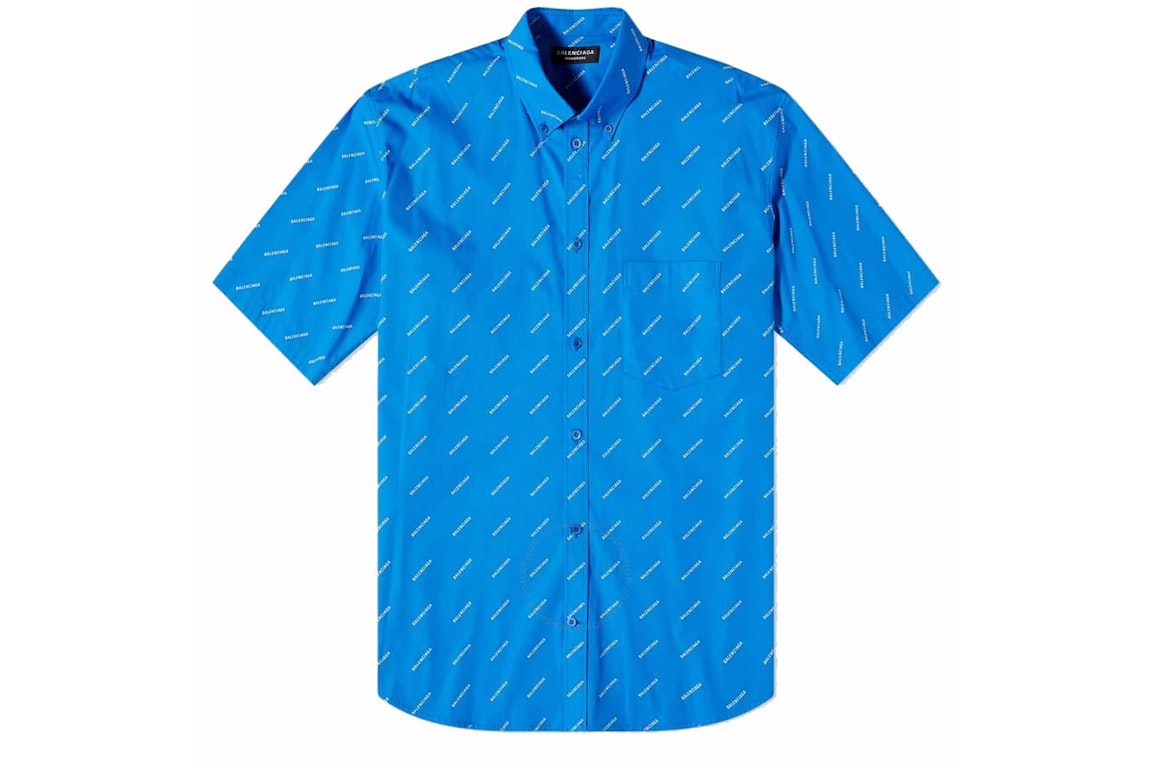 Pre-owned Balenciaga All-over Logo S/s Shirt Blue