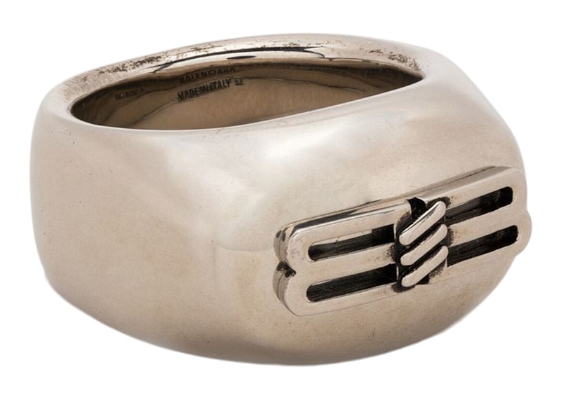 Balenciaga BB Icon Signet Ring Antique Silver in Brass with Silver