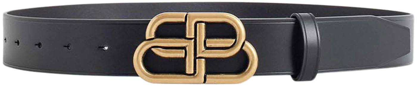 Balenciaga BB Large Belt Gold-tone Black in Leather with Gold-tone - GB