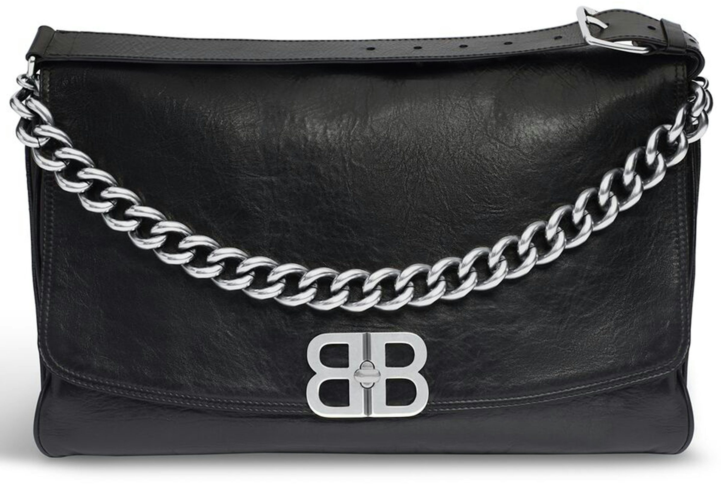 Balenciaga BB Soft Large Flap Bag Black in Leather with Aged Silver - US