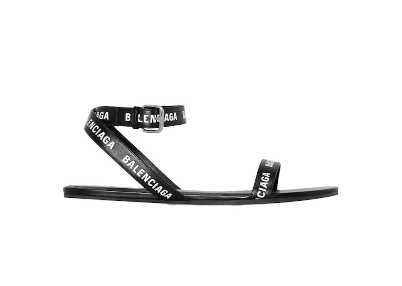 Balenciaga Black Logo Print Sandals Black Leather