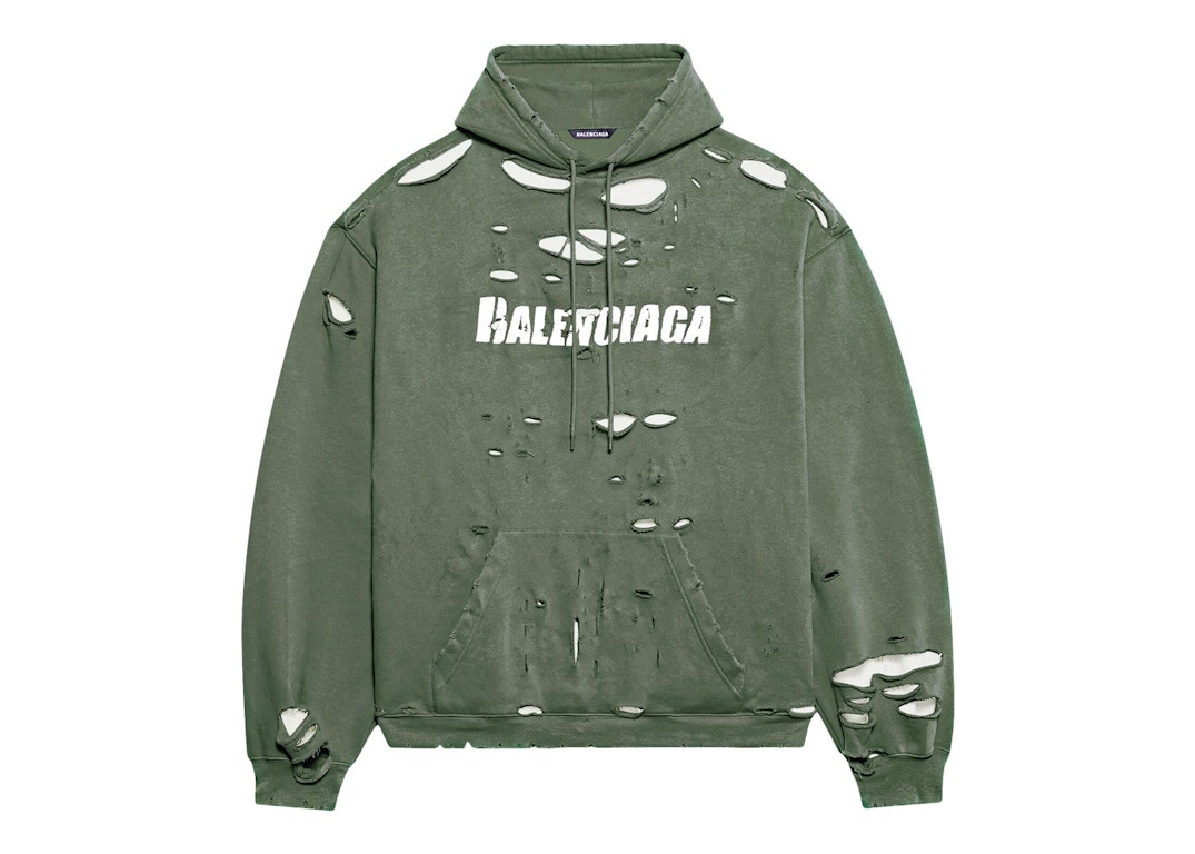 Pre-owned Balenciaga Caps Destroyed Oversize Fit Hoodie Dark Green/white