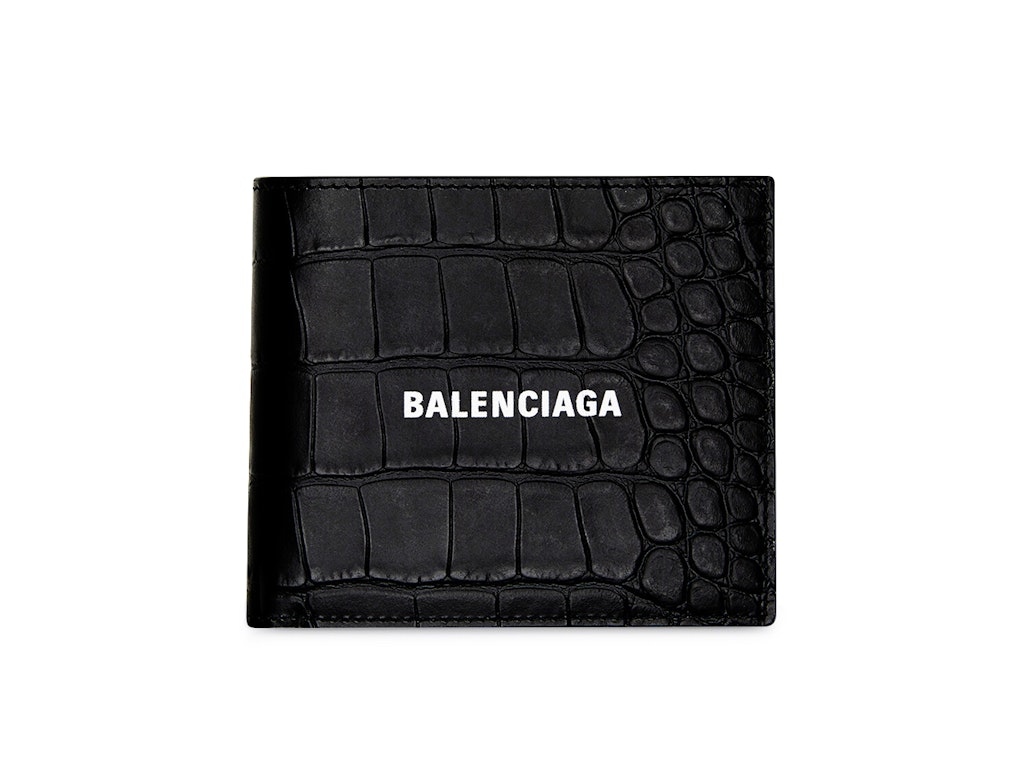 Pre-owned Balenciaga Cash Square Folded Coin Wallet Crocodile Embossed Black