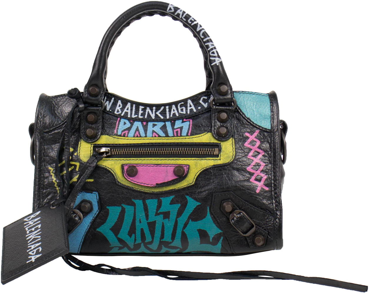 Balenciaga City Graffiti Print Black Arena Leather Shoulder Bag