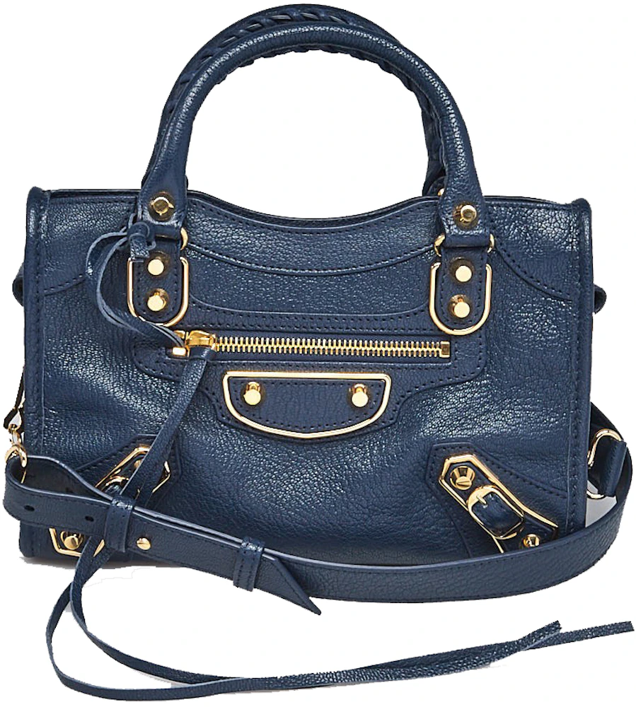 Balenciaga Navy Blue Leather Mini Classic Metallic Edge City Bag