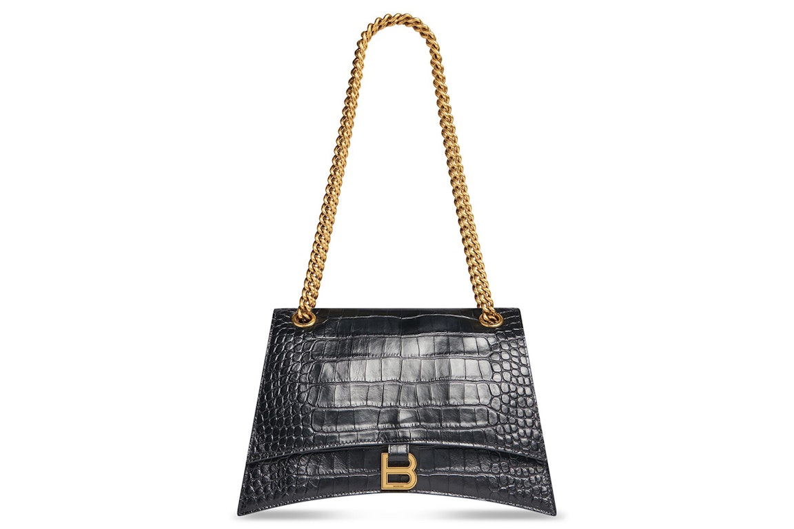 Pre-owned Balenciaga Crush Crocodile Medium Chain Bag Black